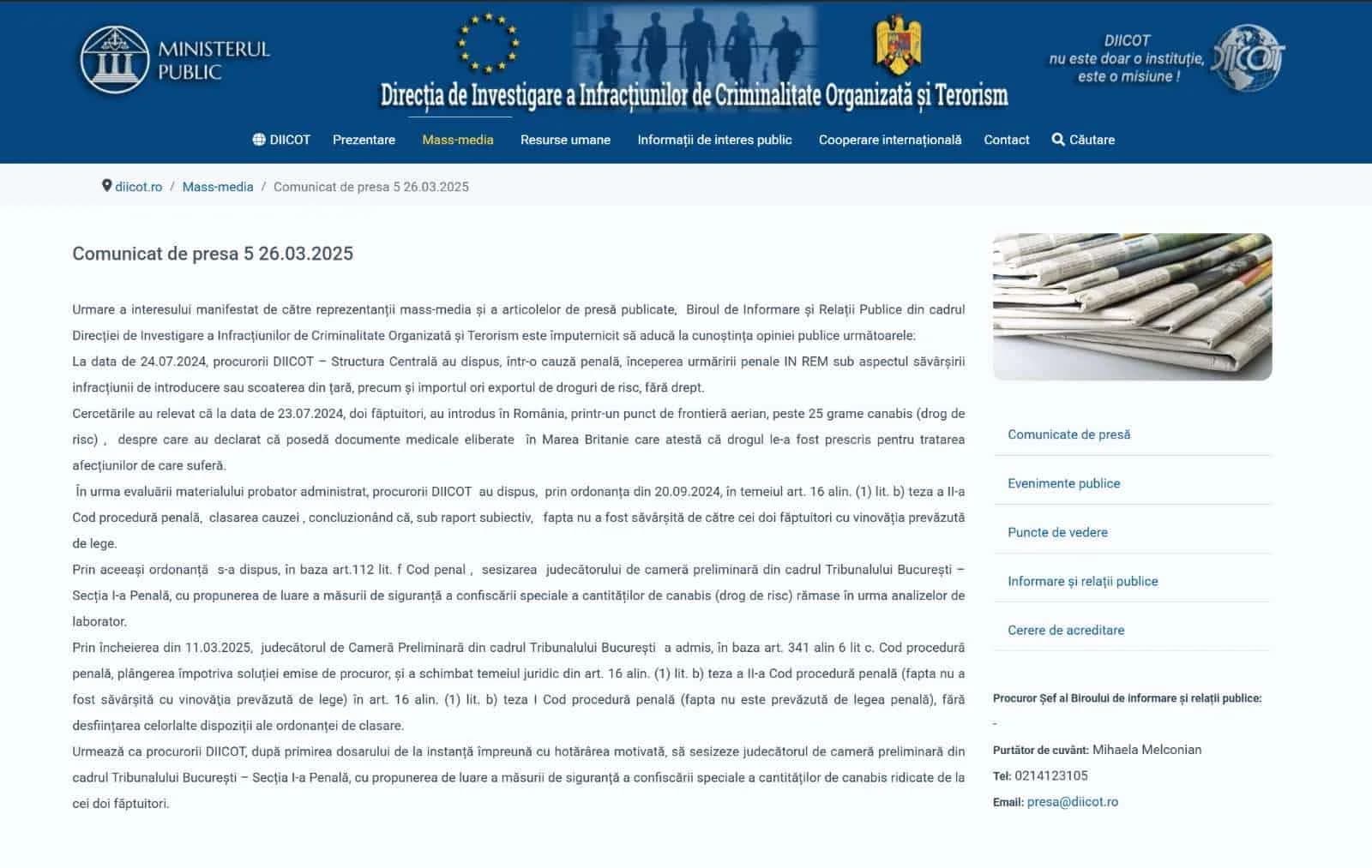 Captură de ecran — Comunicatul de presă DIICOT, martie 2025: clasarea cauzei