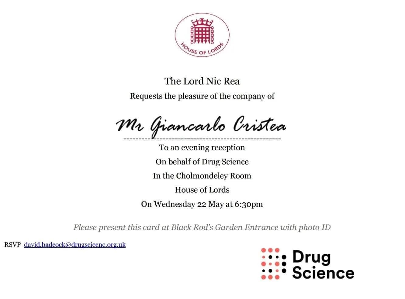 Official House of Lords Invitation — Drug Science Event, May 2019