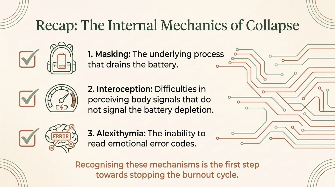 Recap: the internal mechanics of collapse — interoception, alexithymia, masking