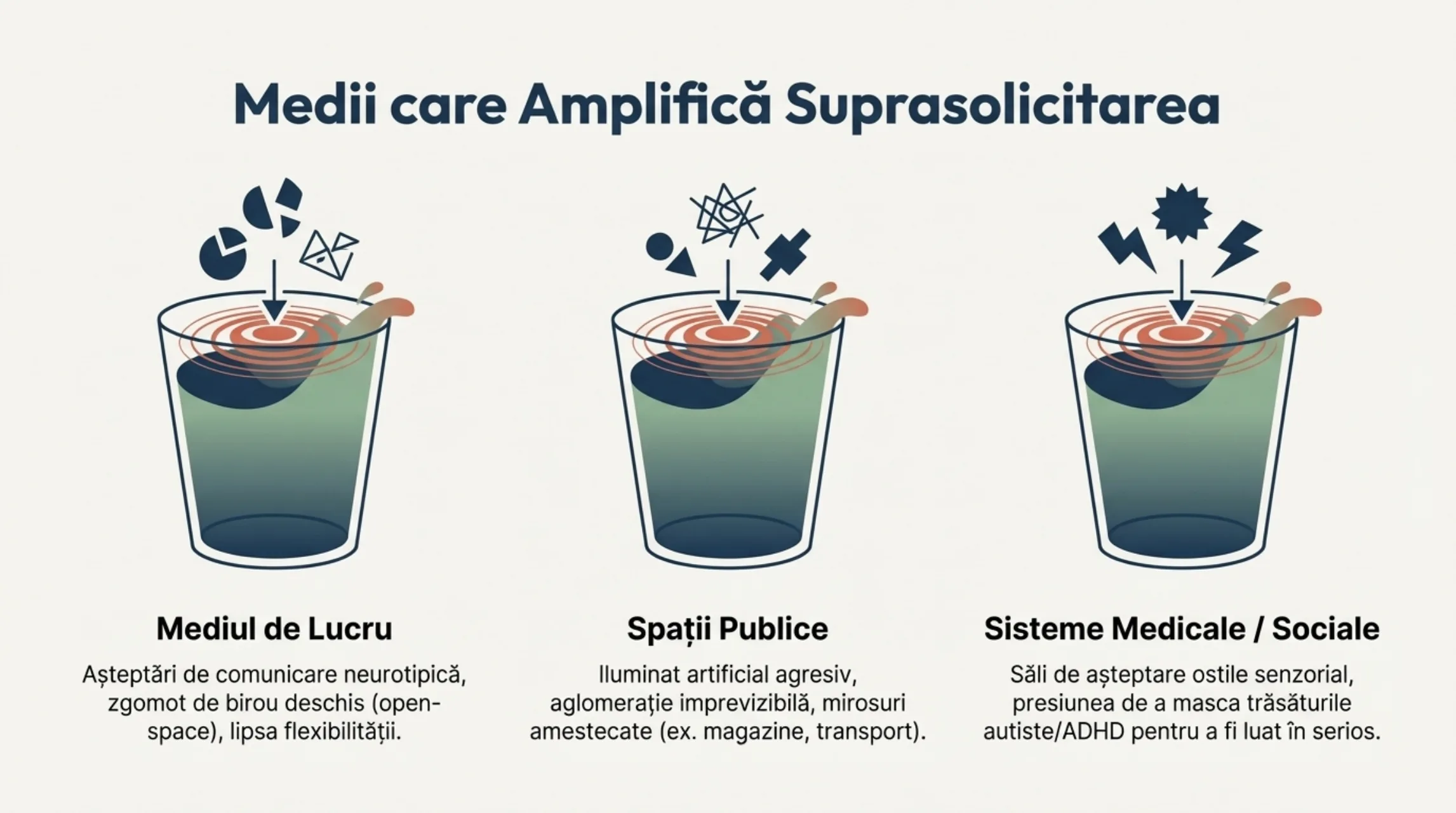 Trei pahare care se revarsa reprezentand cele trei medii ostile: Mediul de Lucru, Spatii Publice, Sisteme Medicale si Sociale