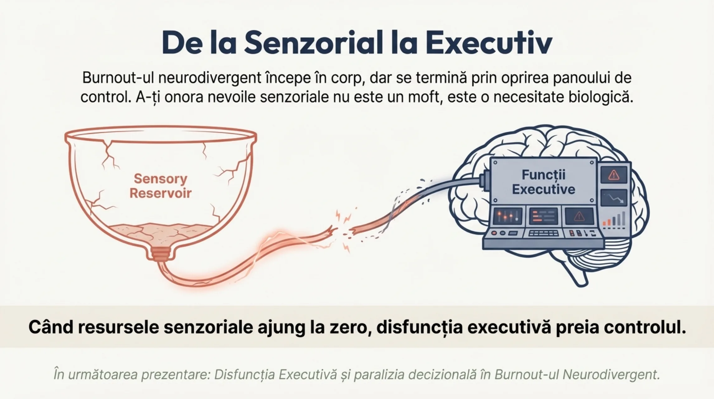Sensory Reservoir crapat conectat la panoul Functiilor Executive — cand resursele senzoriale ajung la zero, disfunctia executiva preia controlul