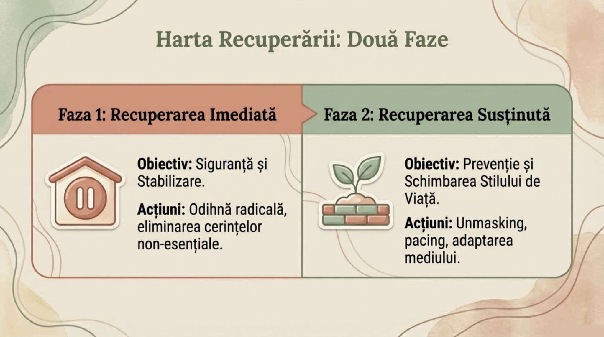 Harta recuperării în două faze: recuperarea imediată și recuperarea susținută, cu obiective și acțiuni