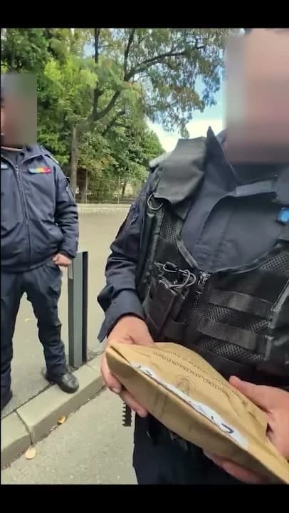Cadru din filmare: jandarmul ține în mână punga de probă a tratamentului restituit, cu sigiliul vizibil