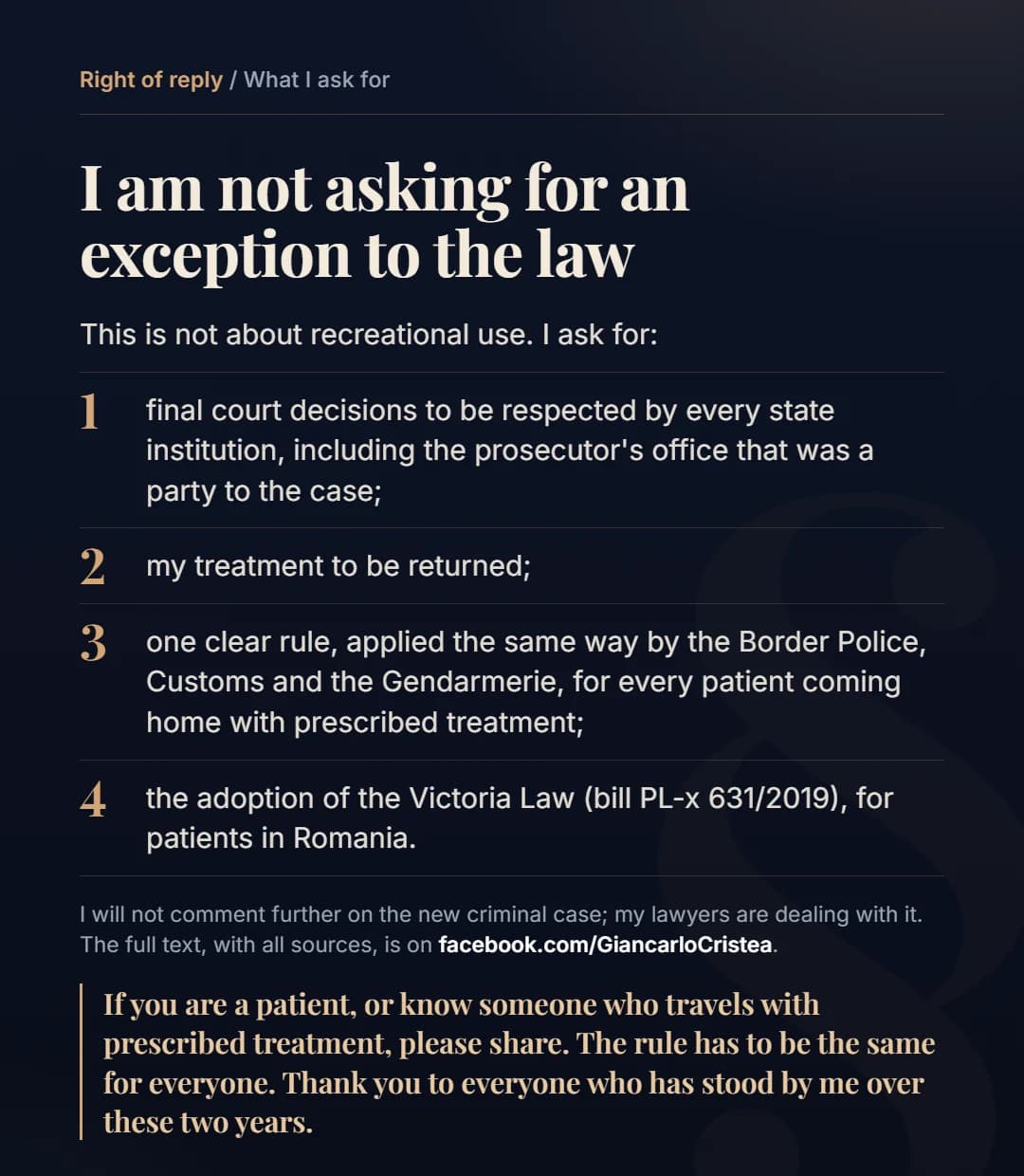 Graphic: I am not asking for an exception to the law. Respect for final rulings, return of my treatment, a clear rule for patients and the Victoria Law