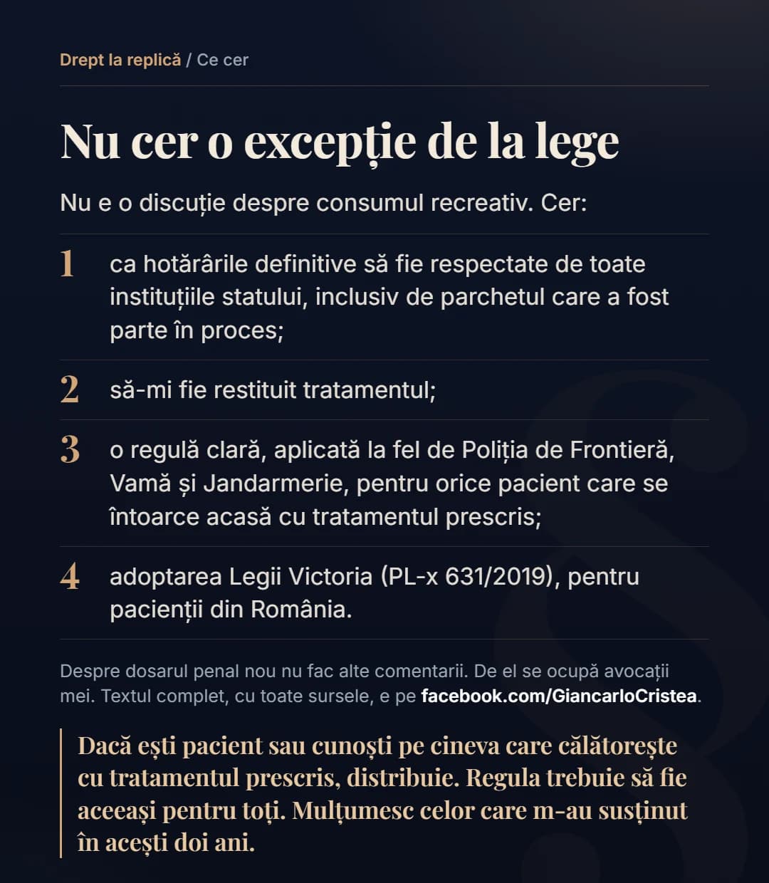 Grafic: Nu cer o excepție de la lege. Cer respectarea hotărârilor definitive, restituirea tratamentului, o regulă clară pentru pacienți și adoptarea Legii Victoria