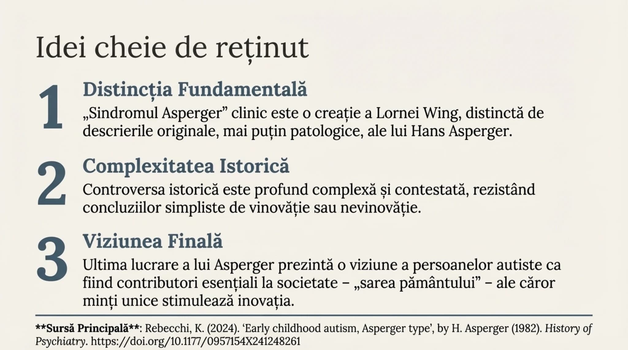 Concluzii cheie — distincția sindromului, complexitatea istorică, contribuția la înțelegerea autismului