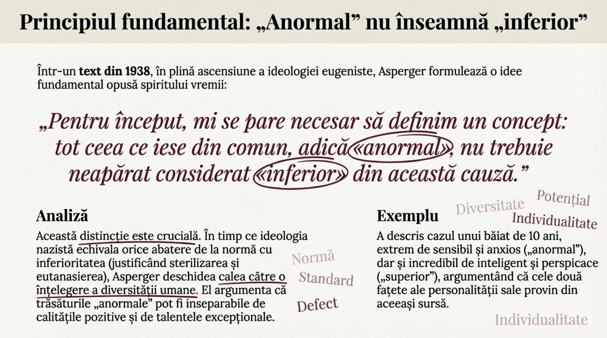 Principiul fundamental: 'Anormal' nu înseamnă 'inferior' — citat Asperger 1938