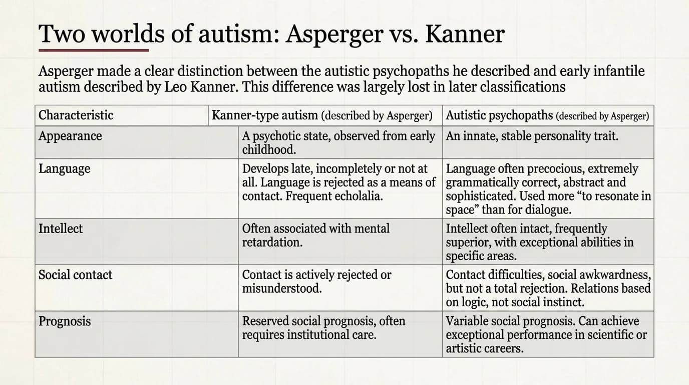 Two worlds of autism: Asperger vs. Kanner — comparative table across 5 criteria