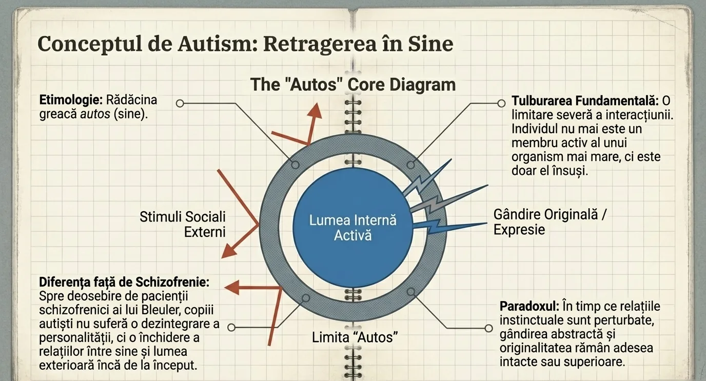 Conceptul de Autism: Retragerea in Sine — diagrama Autos cu lumea interna activa vs stimuli sociali externi