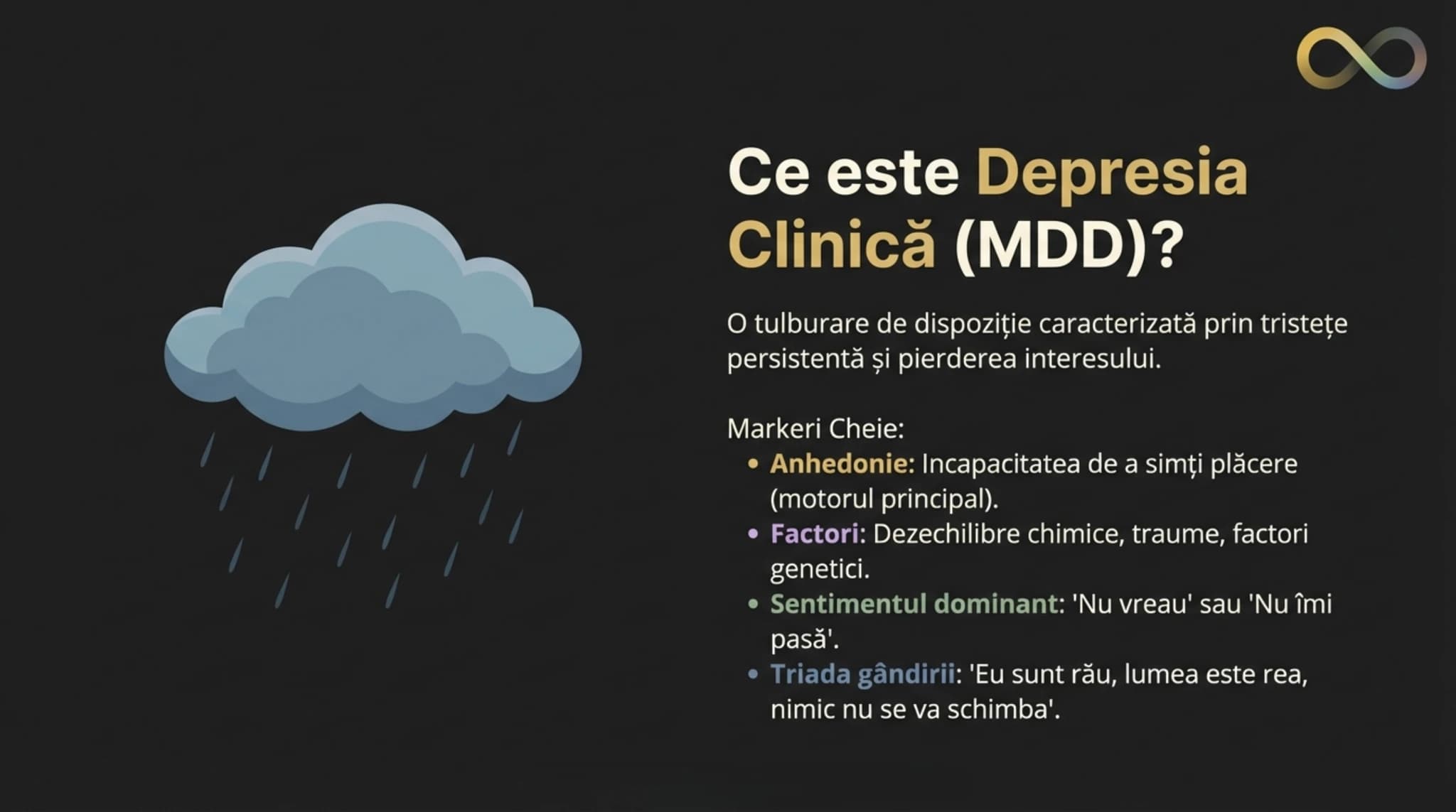 Perspectiva clinica a depresiei majore — caracteristici principale: anhedonie, lipsa sperantei, apatie si dispozitie negativa generalizata