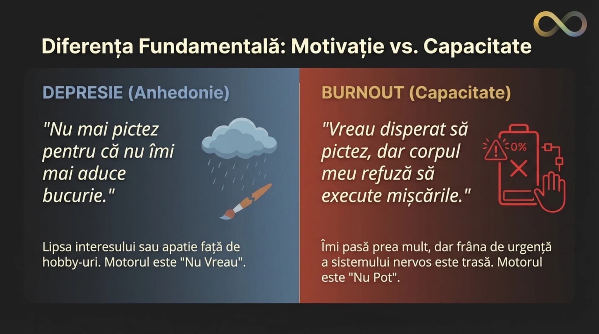 Comparatie vizuala intre criza de capacitate din burnout (Vreau, dar nu pot) si lipsa de motivatie din depresie (Nu mai vreau)