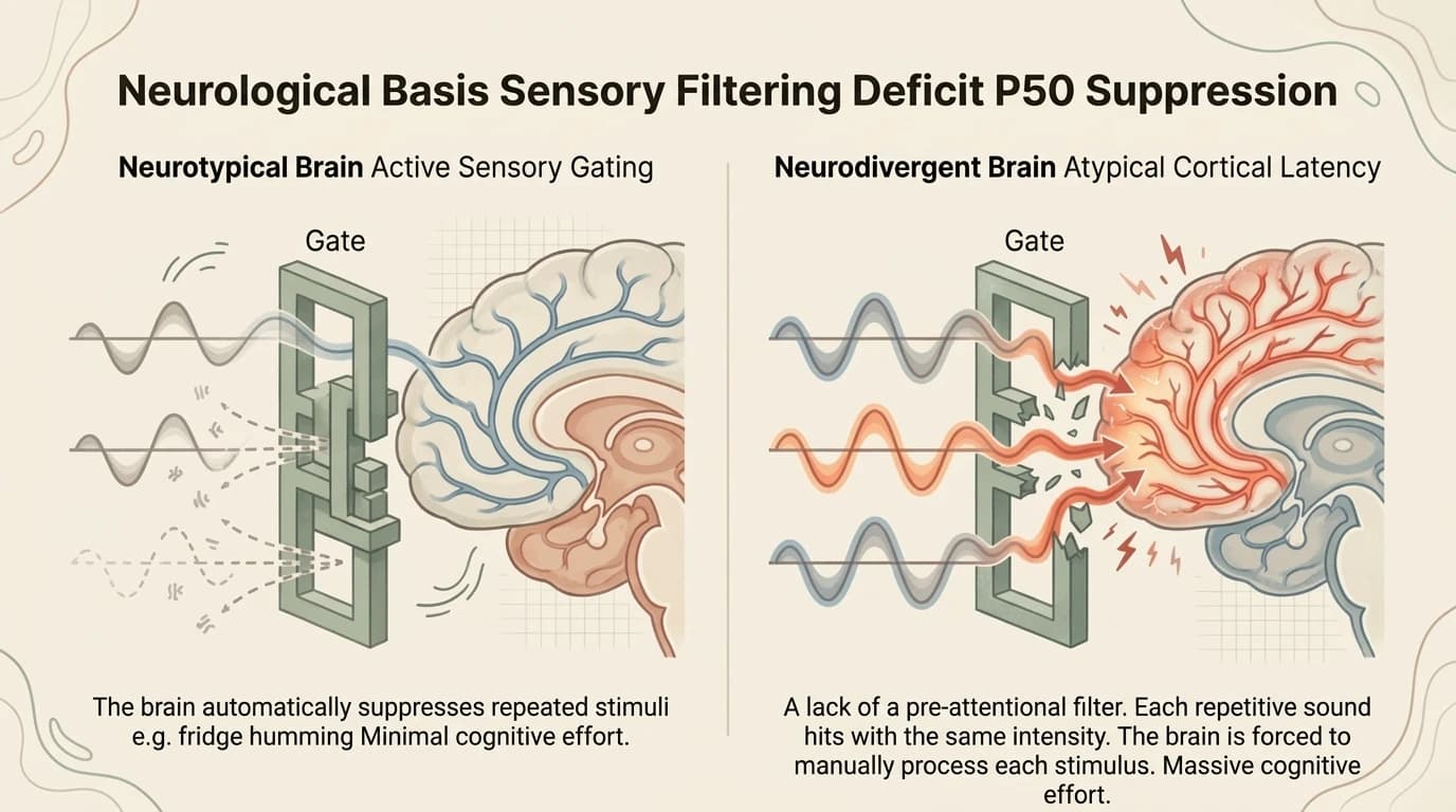 The neurological basis of sensory filtering differences — neurotypical brain with active sensory gate (P50 gating) versus neurodivergent brain with open gate and atypical cortical latency