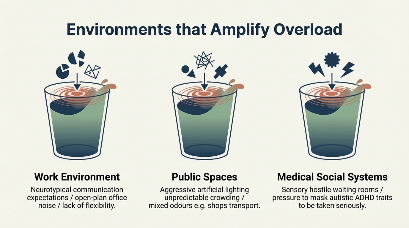 Three overflowing cups representing the three hostile environments: The Workplace, Public Spaces, Medical and Social Systems